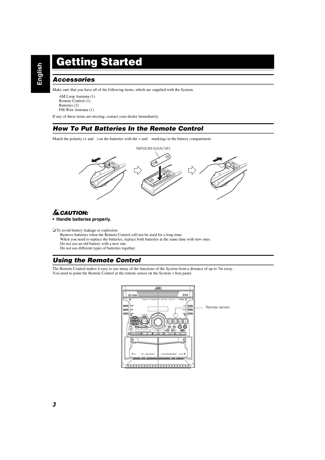 JVC MX-KA5JW manual Getting Started, Accessories, How To Put Batteries In the Remote Control, Using the Remote Control 