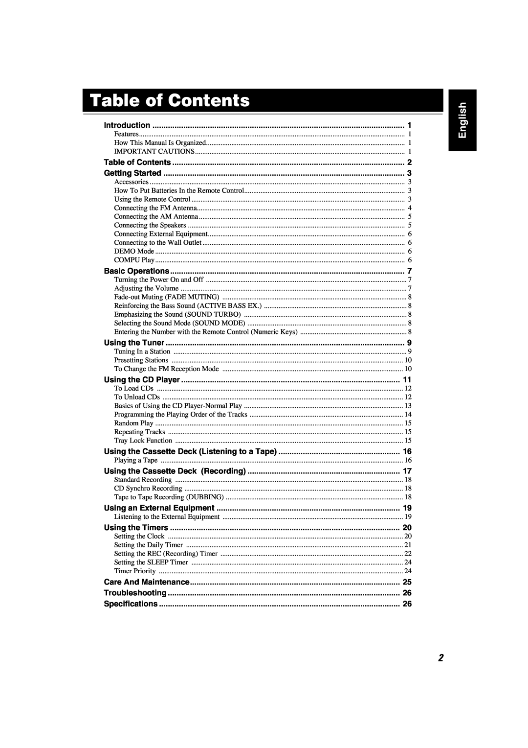 JVC MX-KA5JW manual Table of Contents, English 