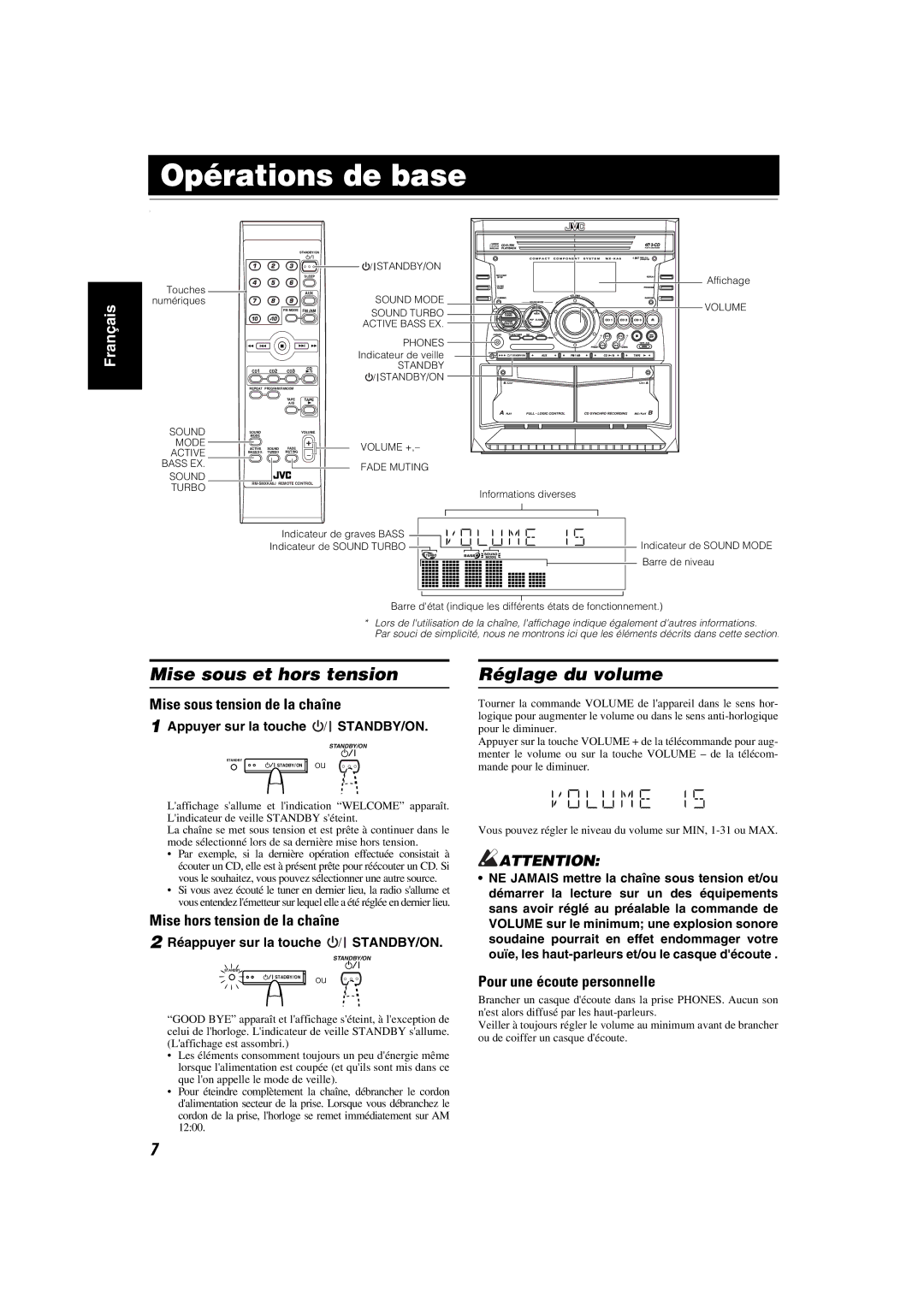 JVC MX-KA6 manual Opérations de base, Mise sous et hors tension, Réglage du volume 