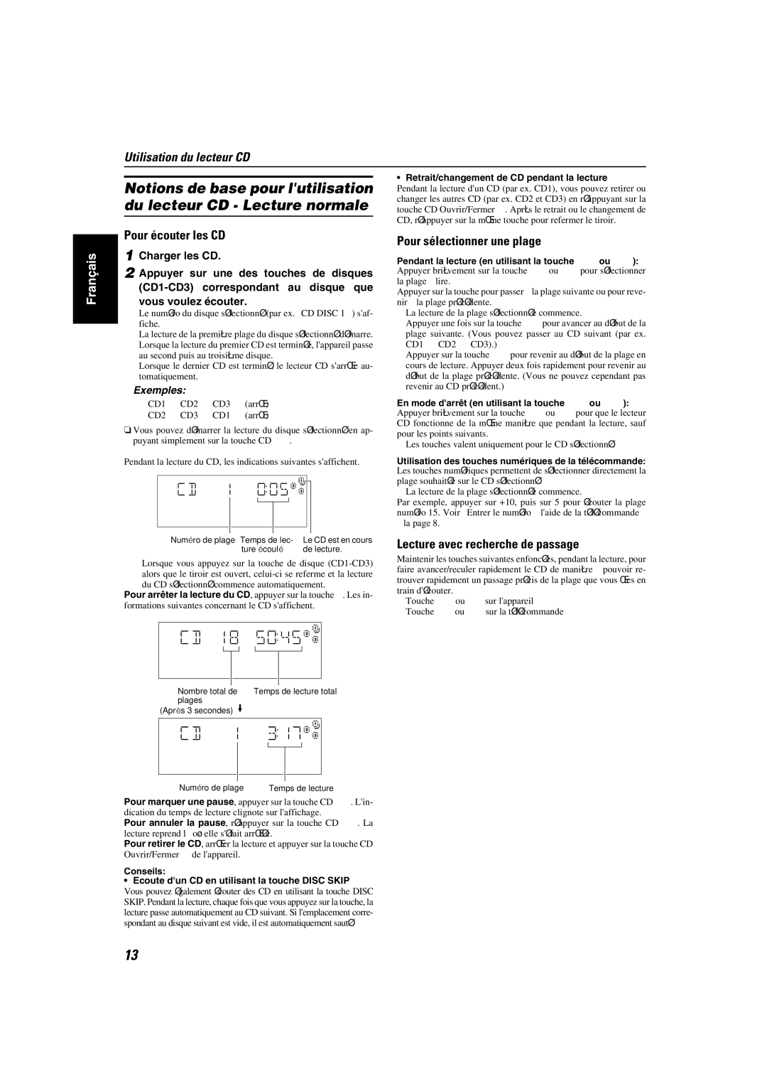 JVC MX-KA6 manual Notions de base pour lutilisation, Du lecteur CD Lecture normale, Pour sélectionner une plage 