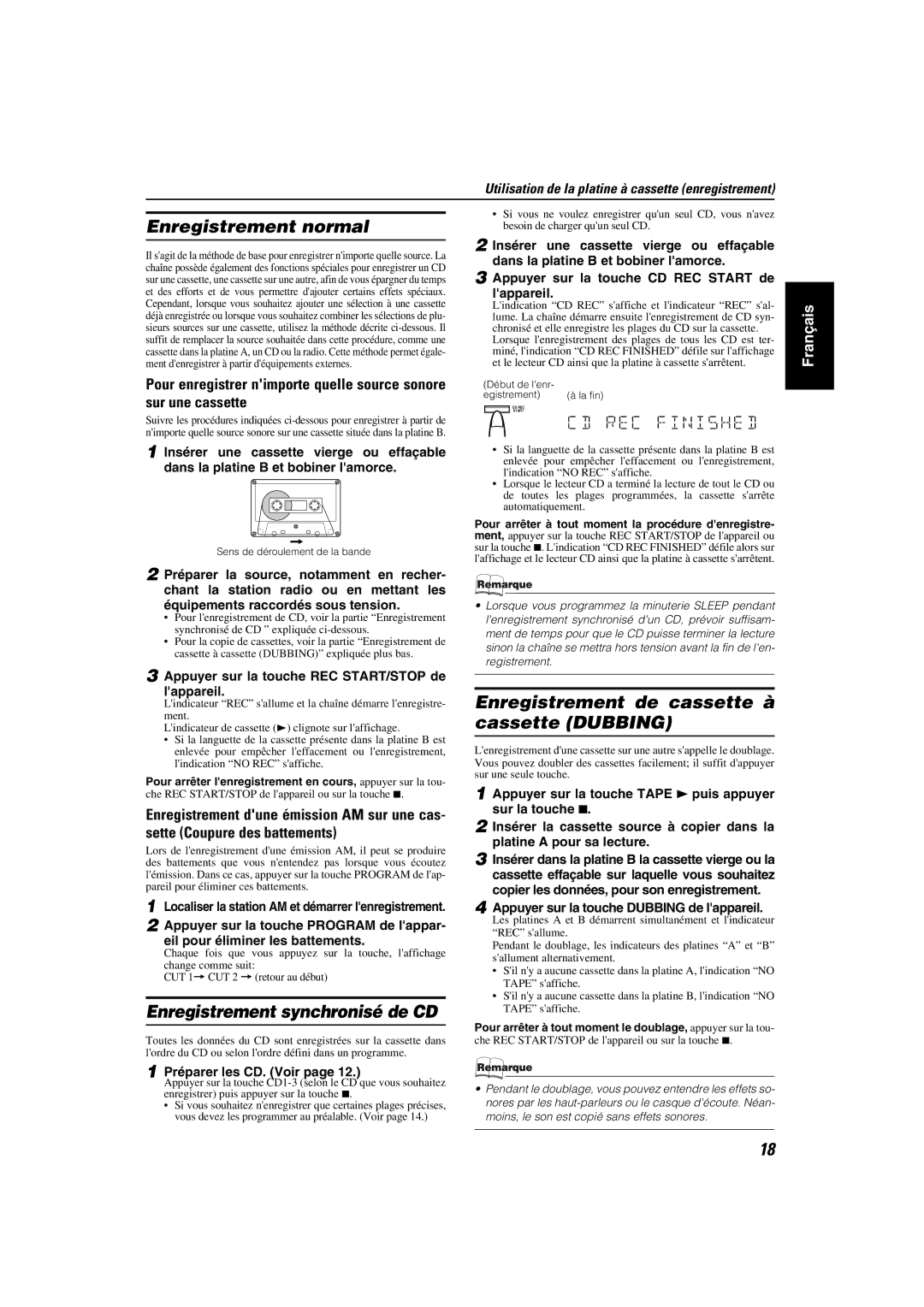 JVC MX-KA6 manual Enregistrement normal, Enregistrement synchronisé de CD, Enregistrement de cassette à cassette Dubbing 