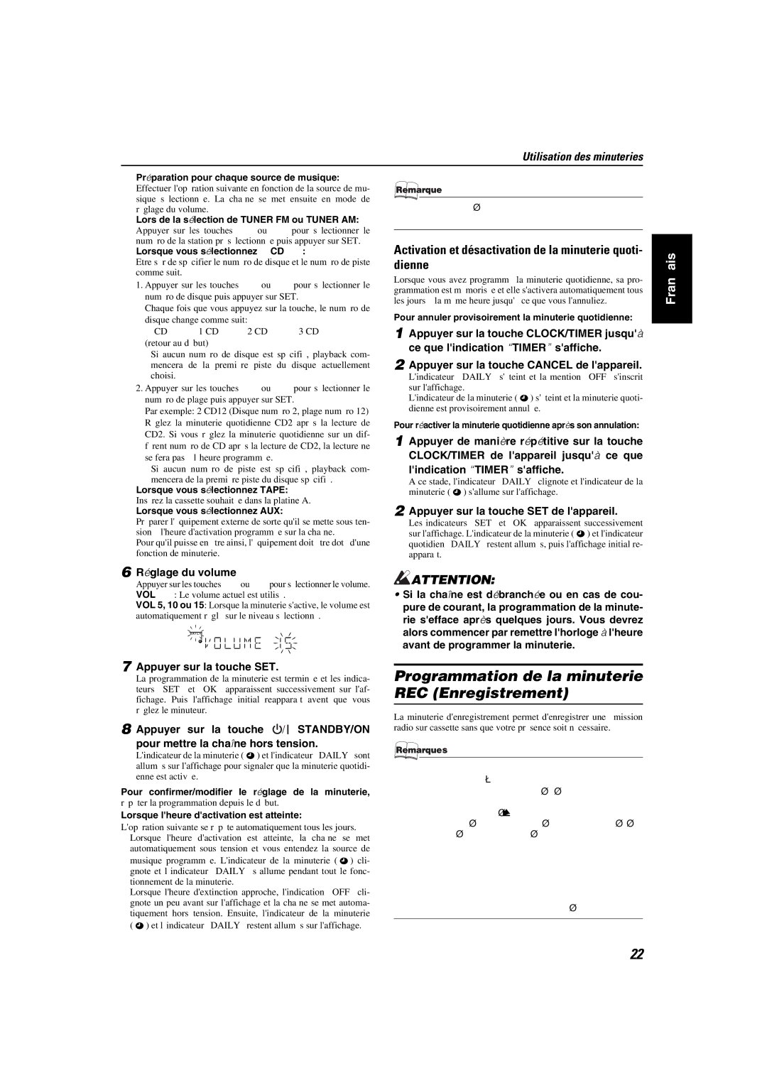 JVC MX-KA6 Programmation de la minuterie REC Enregistrement, Activation et désactivation de la minuterie quoti- dienne 