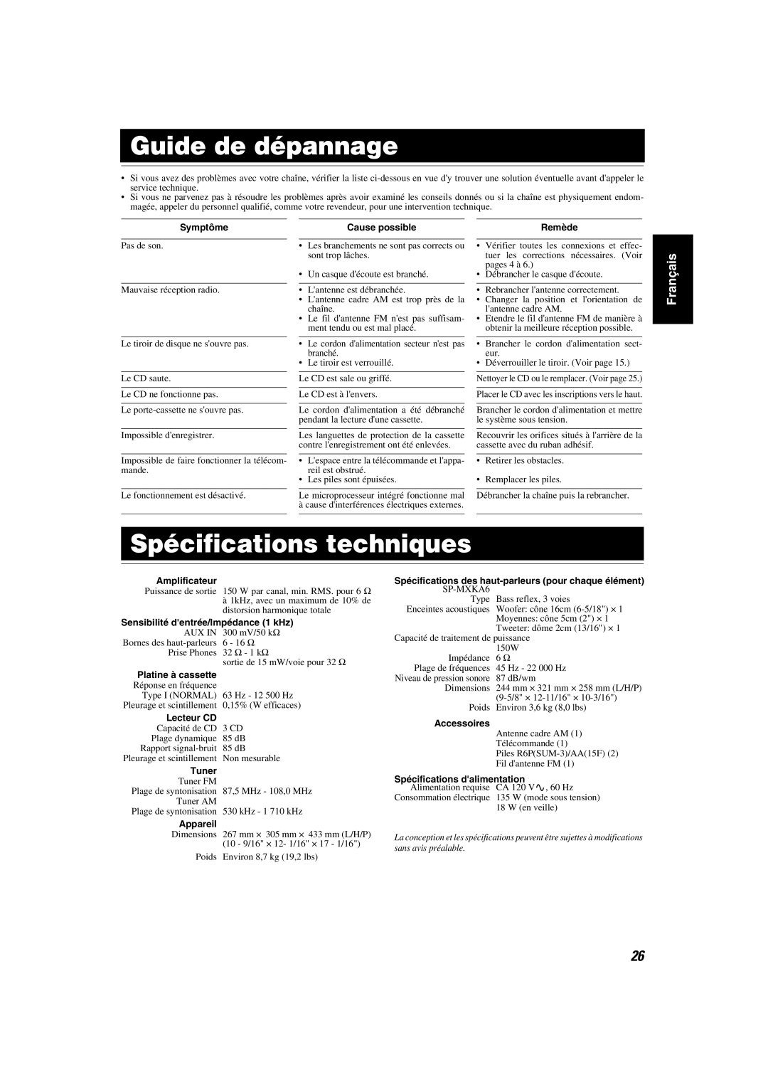 JVC MX-KA6 manual Guide de dépannage, Spécifications techniques 