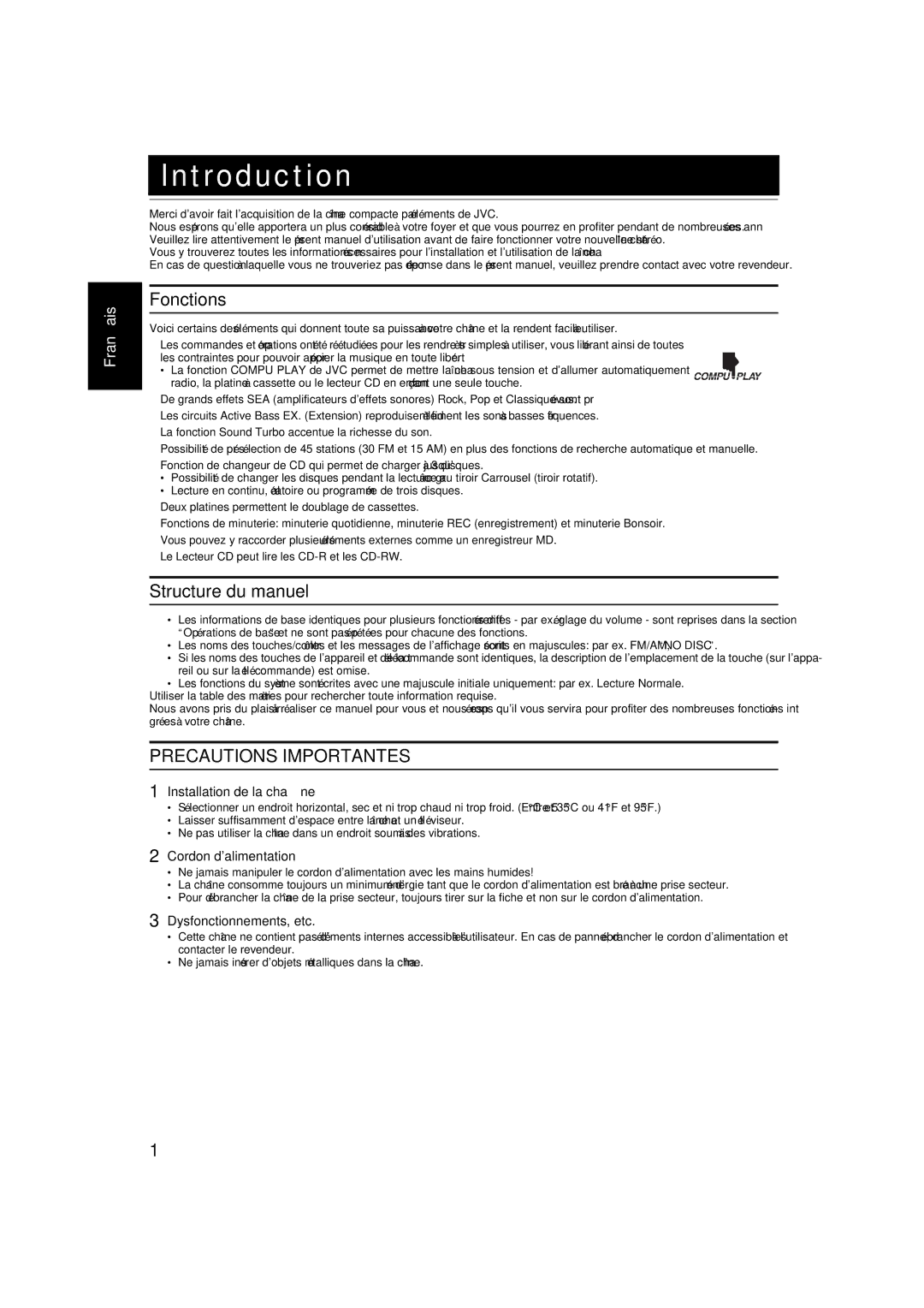 JVC MX-KA6 manual Introduction, Fonctions, Structure du manuel 