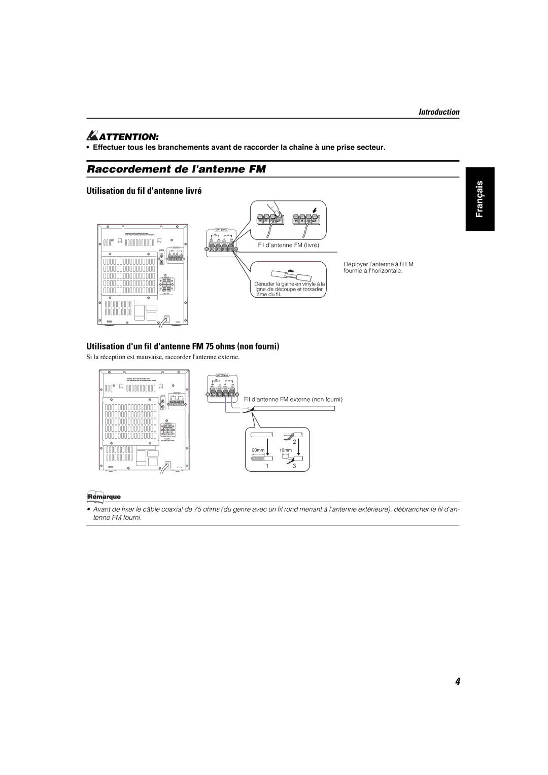 JVC MX-KA6 manual Raccordement de lantenne FM, Utilisation du fil dantenne livré 