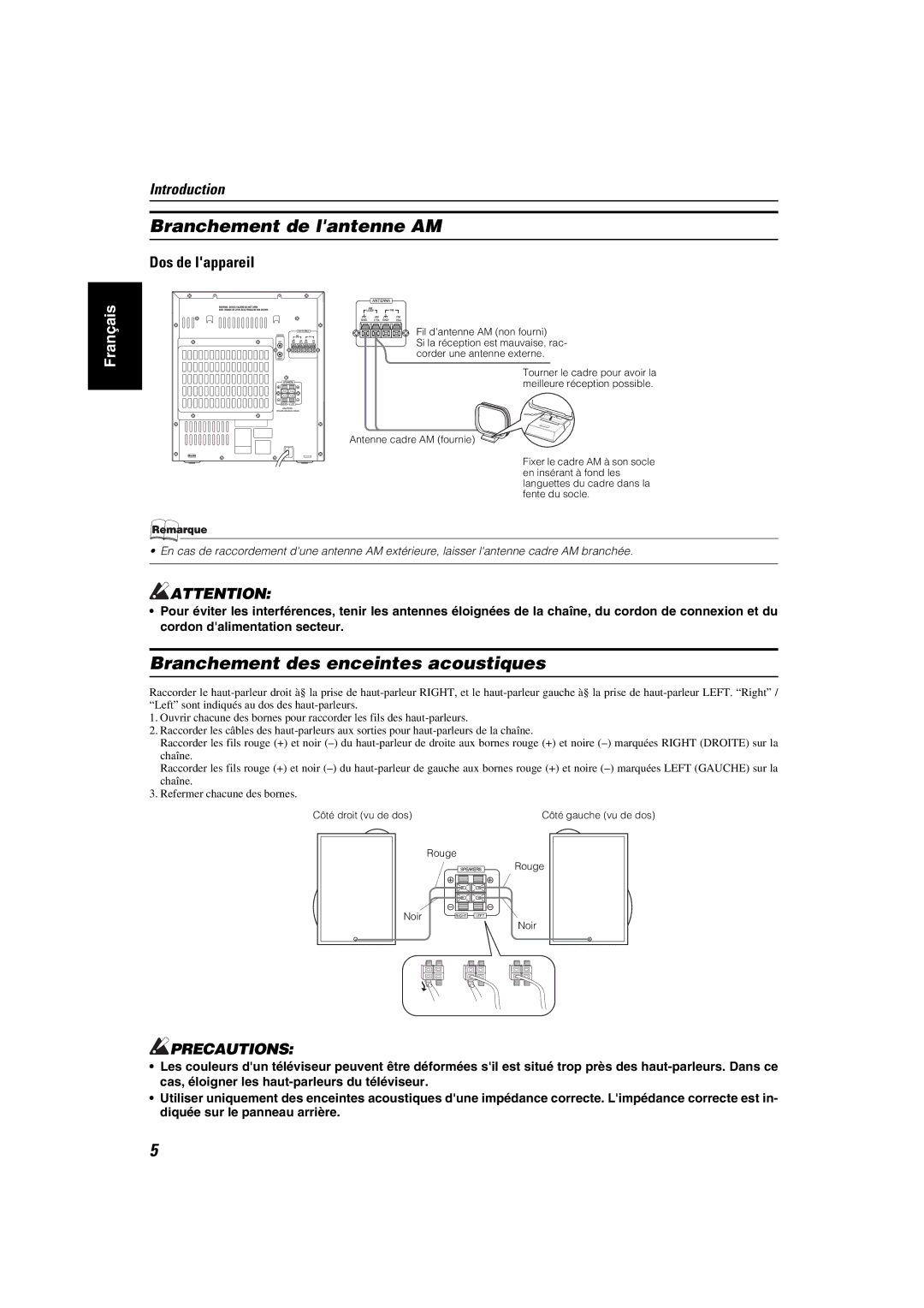 JVC MX-KA6 manual Branchement de lantenne AM, Branchement des enceintes acoustiques, Dos de lappareil 