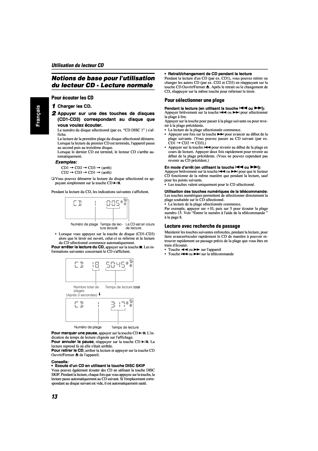 JVC MX-KA6 manual Notions de base pour lutilisation, du lecteur CD - Lecture normale, Utilisation du lecteur CD, Français 