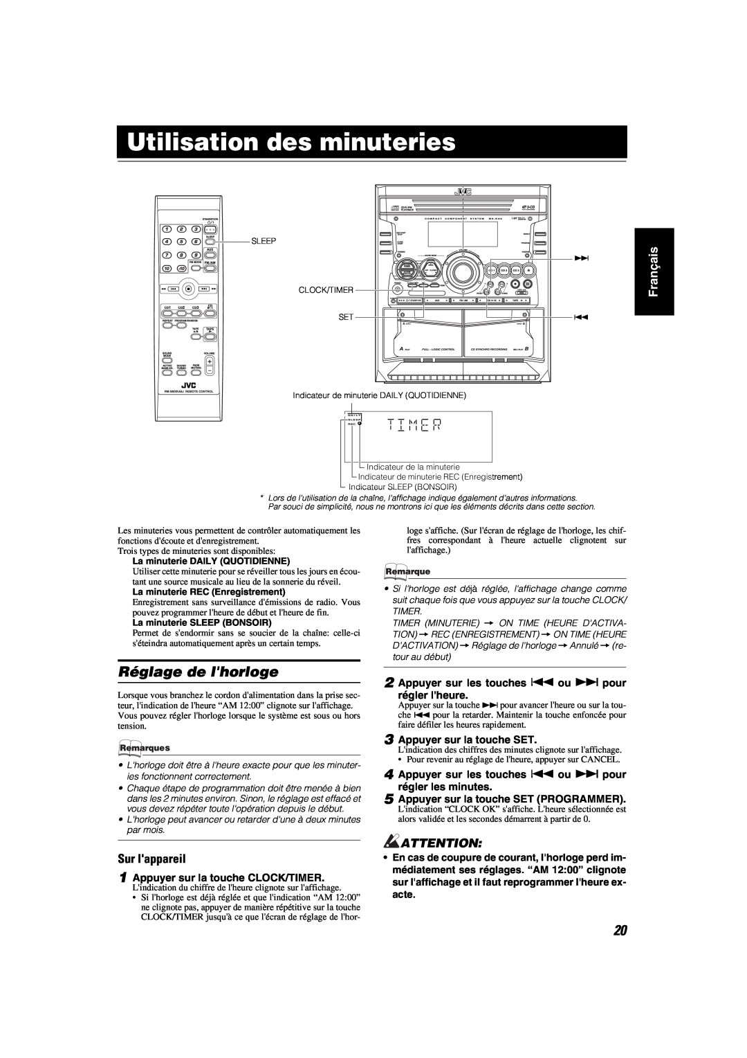 JVC MX-KA6 manual Utilisation des minuteries, Réglage de lhorloge, Français, Sur lappareil, La minuterie DAILY QUOTIDIENNE 