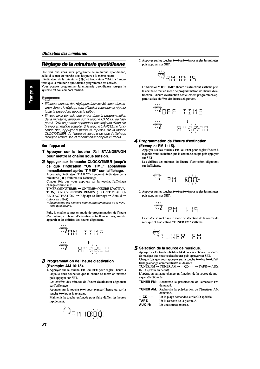 JVC MX-KA6 manual Utilisation des minuteries, Réglage de la minuterie quotidienne, Français, Sur lappareil 