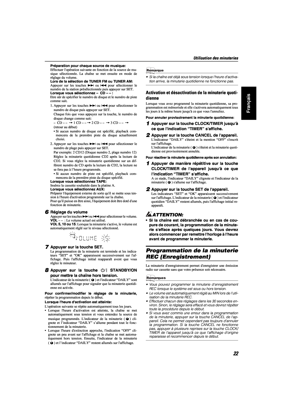 JVC MX-KA6 manual Programmation de la minuterie REC Enregistrement, Utilisation des minuteries, Français 