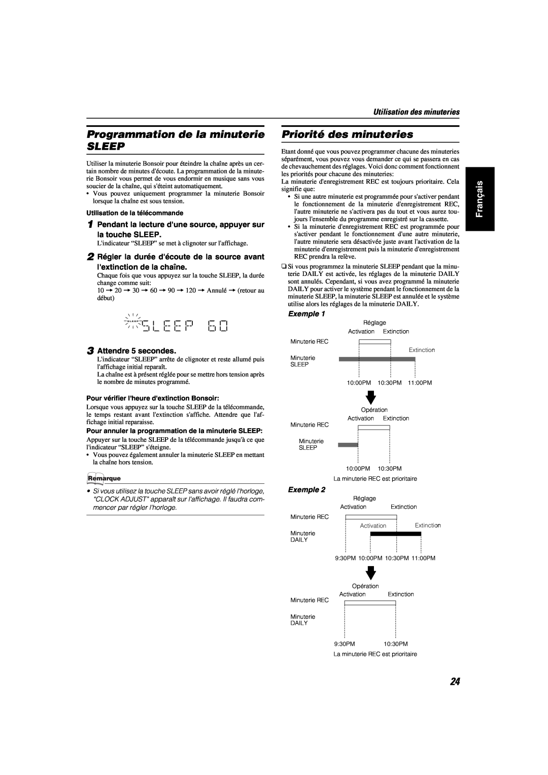 JVC MX-KA6 manual Programmation de la minuterie SLEEP, Priorité des minuteries, Français, Utilisation des minuteries 