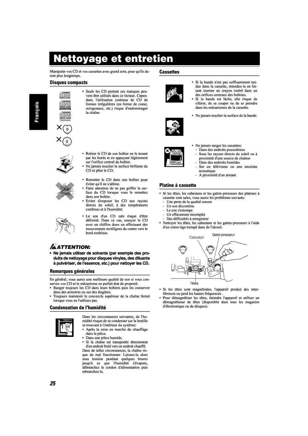 JVC MX-KA6 manual Nettoyage et entretien, Disques compacts, Cassettes, Platine à cassette, Remarques générales, Français 