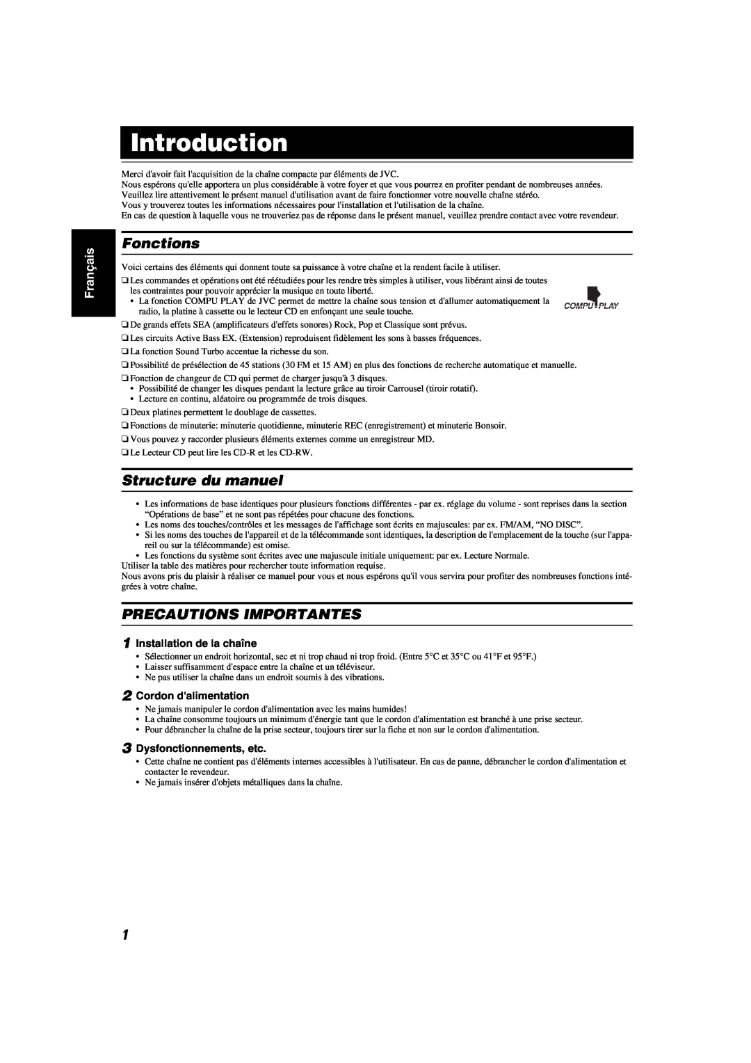 JVC MX-KA6 manual Introduction, Fonctions, Structure du manuel, Precautions Importantes, Français 