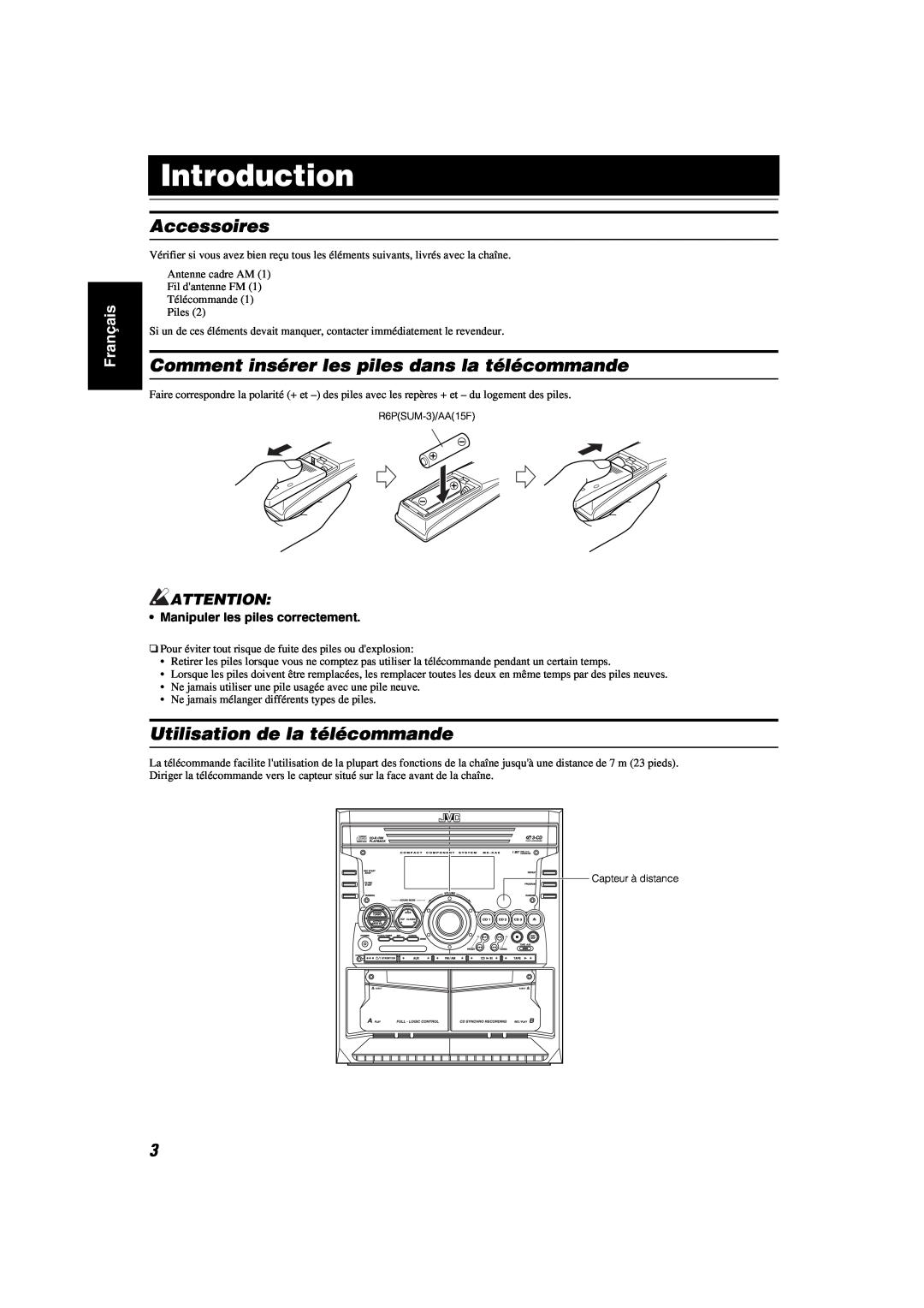 JVC MX-KA6 manual Accessoires, Comment insérer les piles dans la télécommande, Utilisation de la télécommande, Introduction 