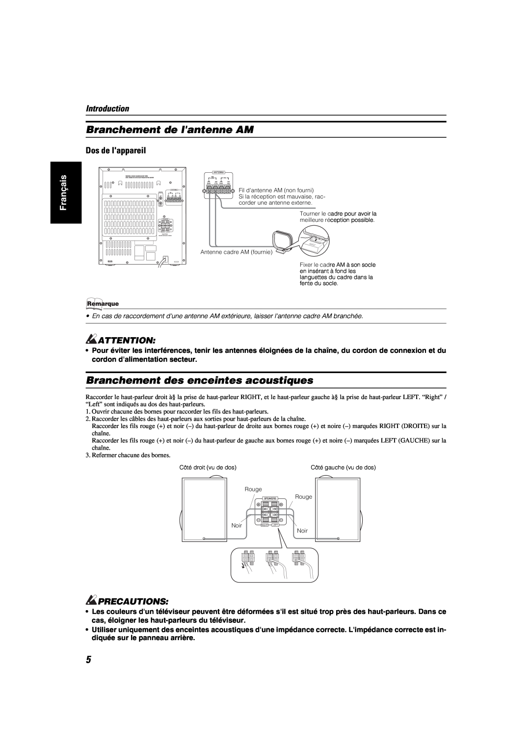JVC MX-KA6 Branchement de lantenne AM, Branchement des enceintes acoustiques, Introduction, Dos de lappareil, Français 