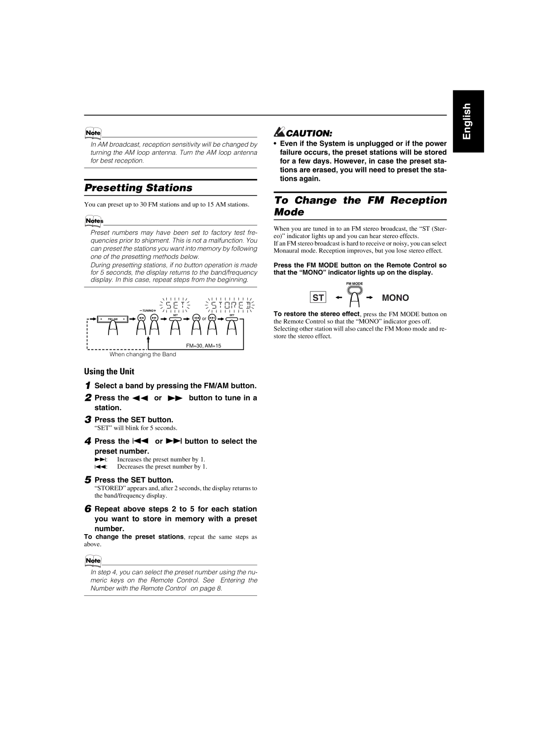 JVC MX-KA7 manual Presetting Stations, To Change the FM Reception Mode, Using the Unit 