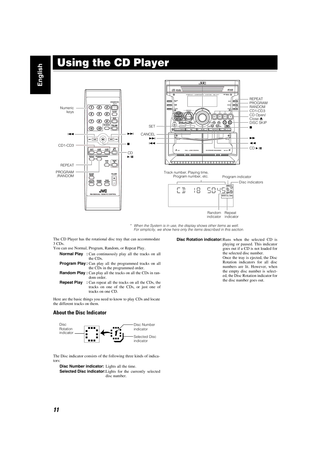 JVC MX-KA7 manual Using the CD Player, About the Disc Indicator, Disc Number indicator Lights all the time 
