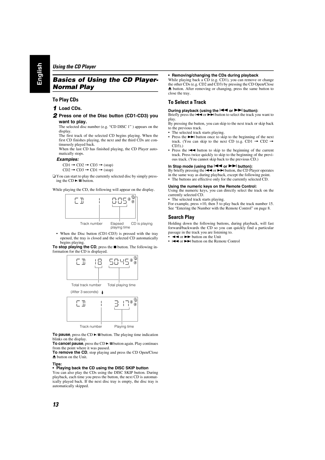 JVC MX-KA7 manual Basics of Using the CD Player, Normal Play, To Play CDs, To Select a Track, Search Play 