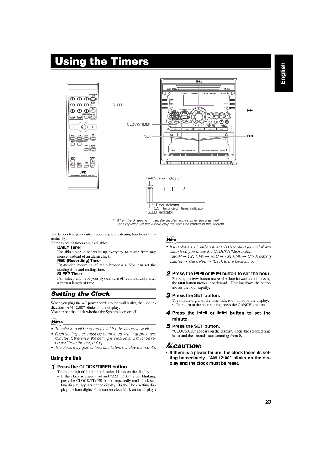 JVC MX-KA7 manual Using the Timers, Setting the Clock, Press the CLOCK/TIMER button, Press the 4or ¢button to set the hour 