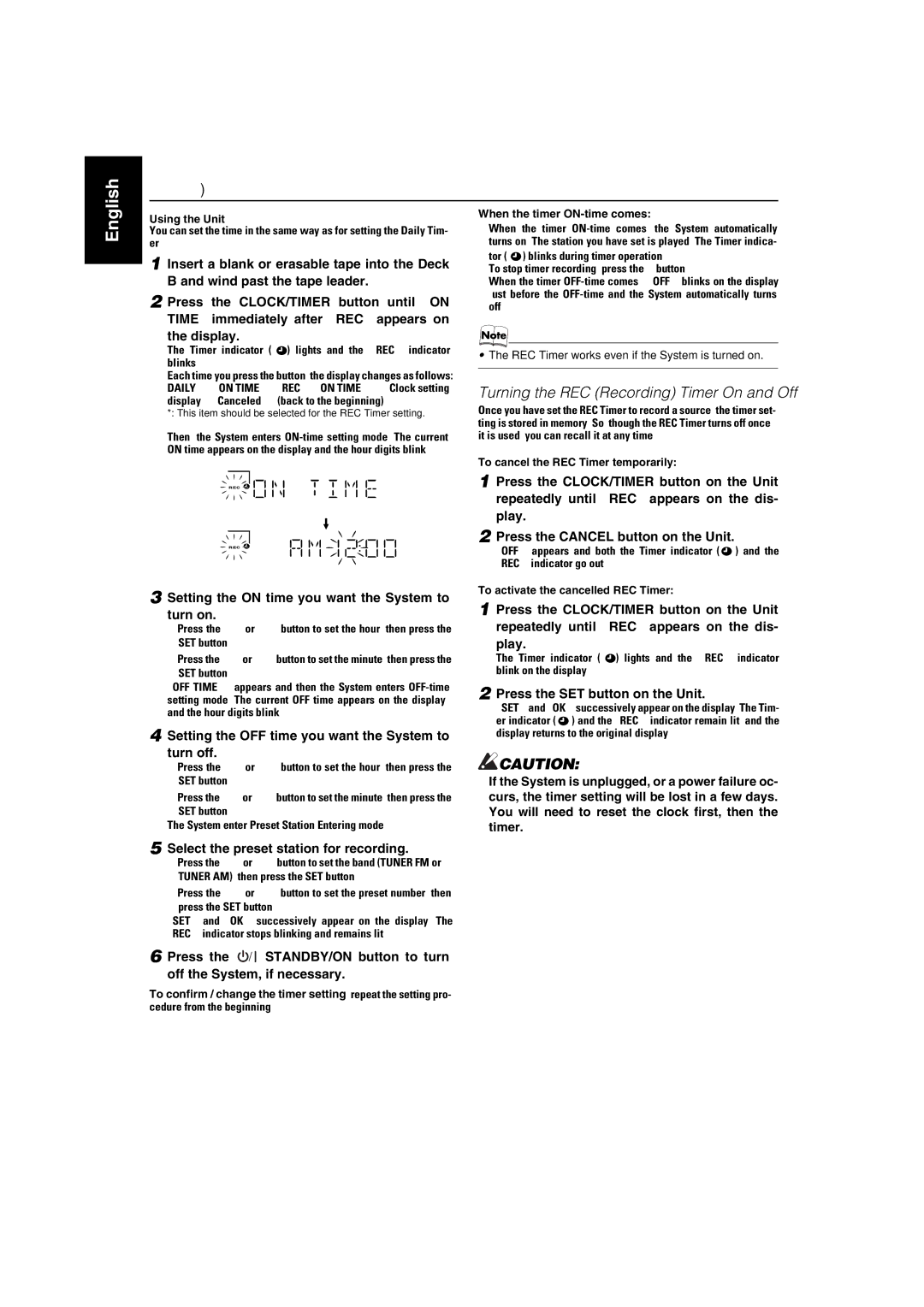 JVC MX-KA7 manual Turning the REC Recording Timer On and Off, Setting the on time you want the System to turn on 