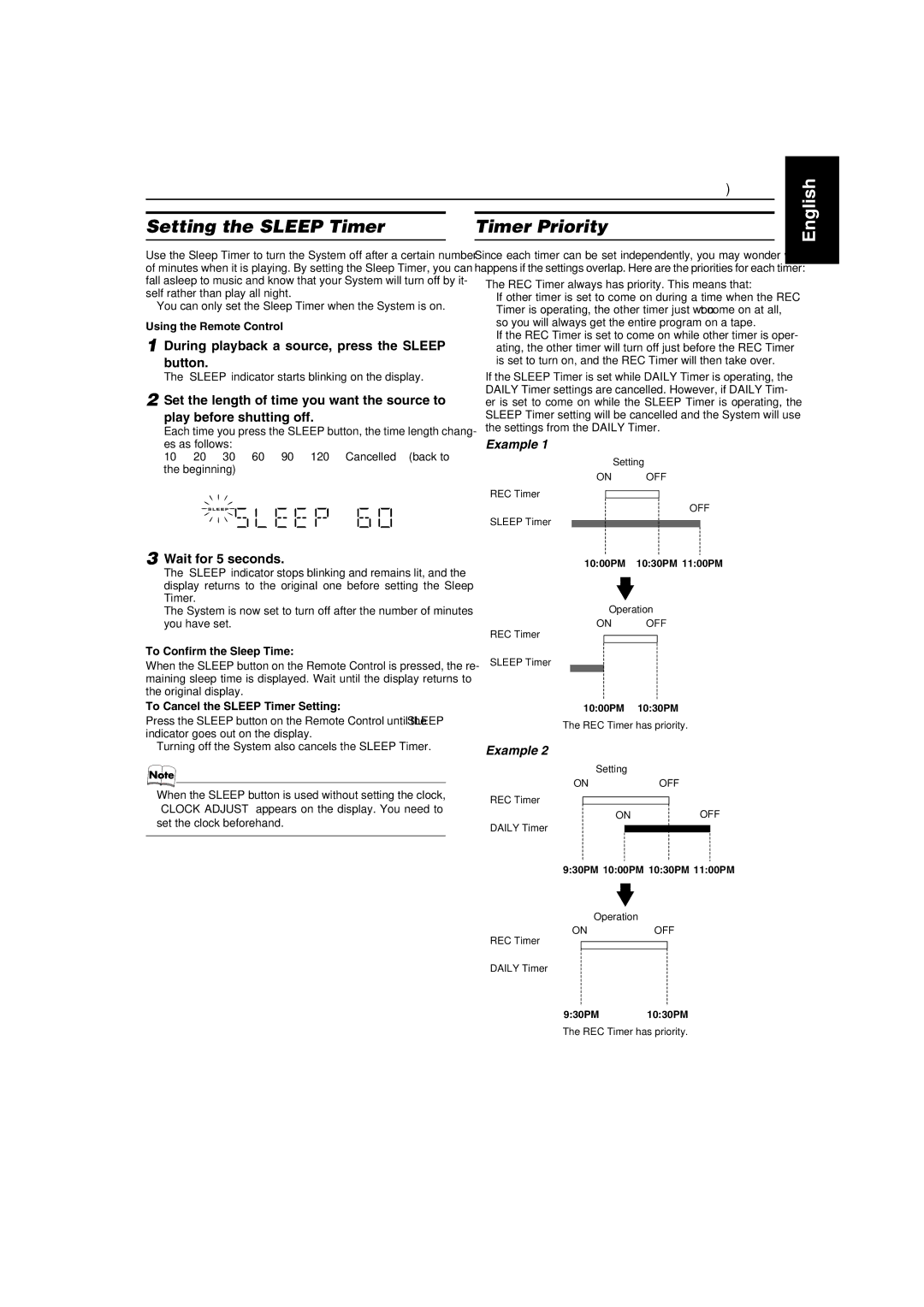 JVC MX-KA7 Setting the Sleep Timer, Timer Priority, During playback a source, press the Sleep button, Wait for 5 seconds 