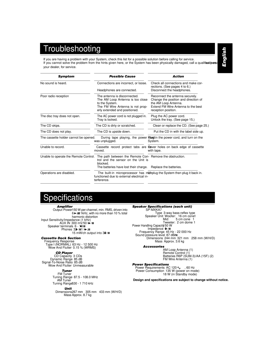 JVC MX-KA7 manual Troubleshooting, Specifications 