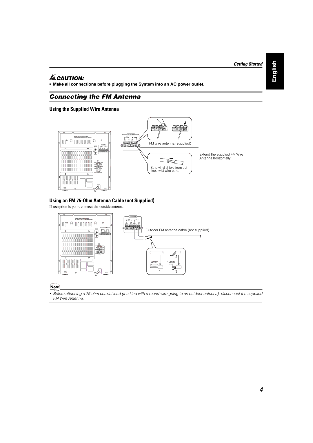 JVC MX-KA7 manual Connecting the FM Antenna, Using the Supplied Wire Antenna, Using an FM 75-Ohm Antenna Cable not Supplied 