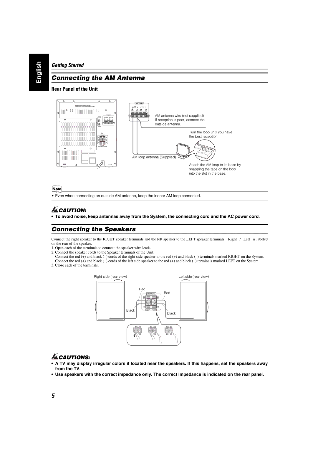 JVC MX-KA7 manual Connecting the AM Antenna, Connecting the Speakers, Rear Panel of the Unit 