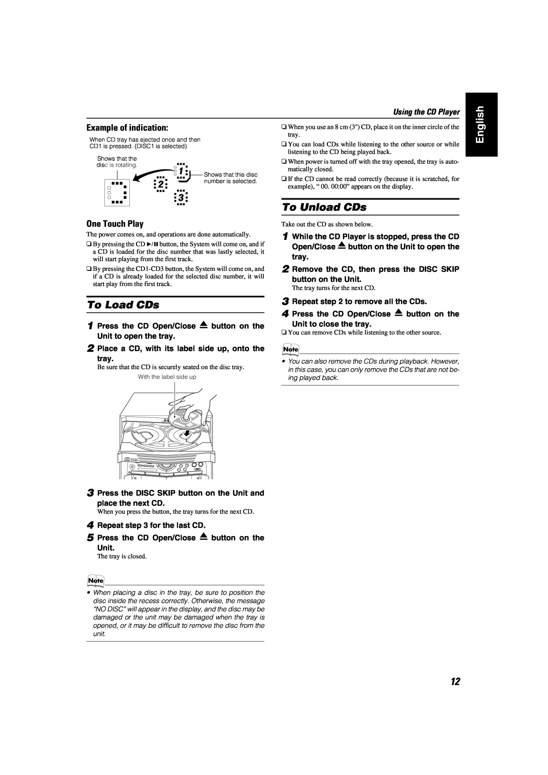 JVC MX-KA7 manual To Load CDs, To Unload CDs, Example of indication, One Touch Play, Using the CD Player, English 