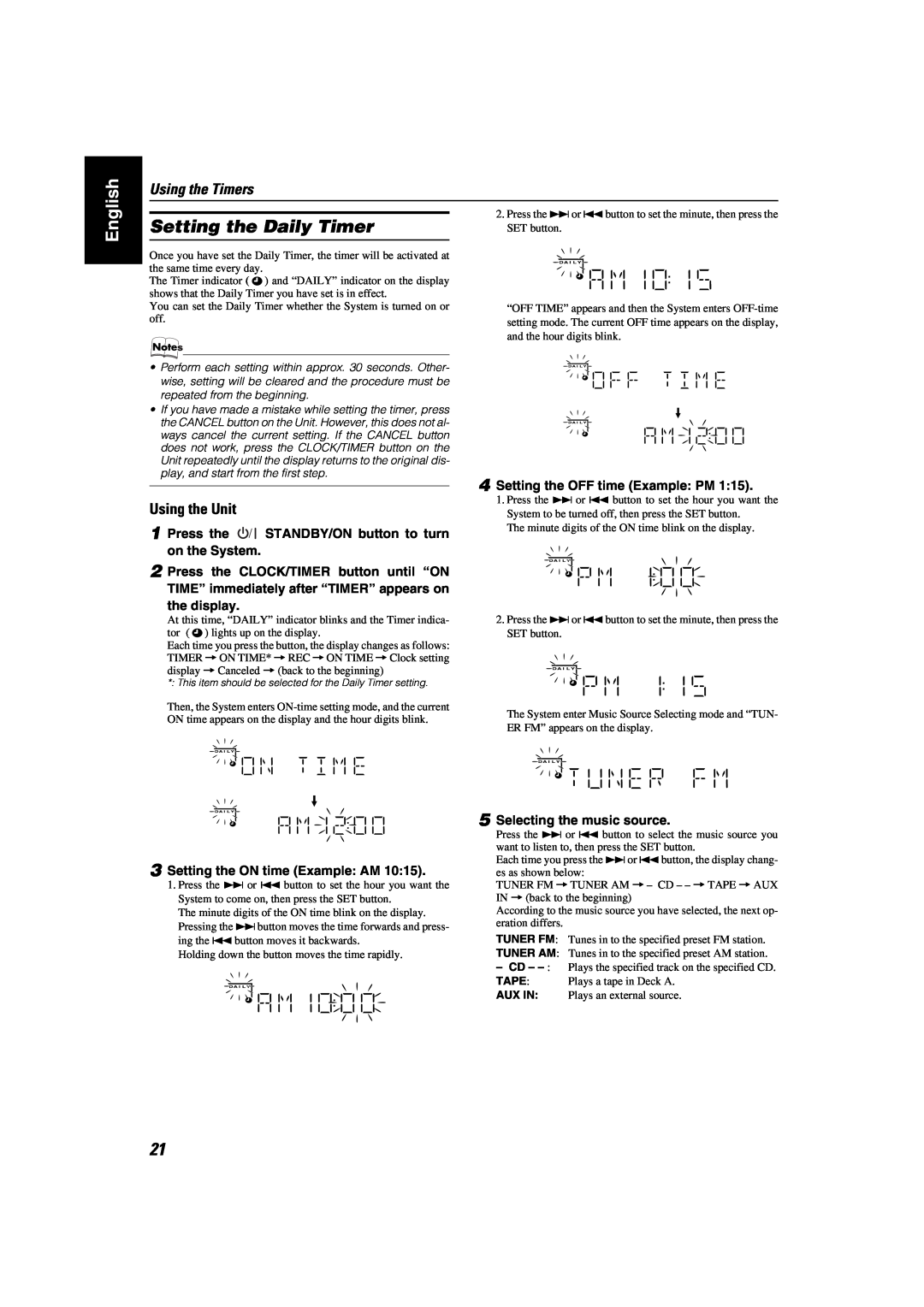 JVC MX-KA7 manual Setting the Daily Timer, Using the Timers, English, Using the Unit, Setting the OFF time Example PM 1 