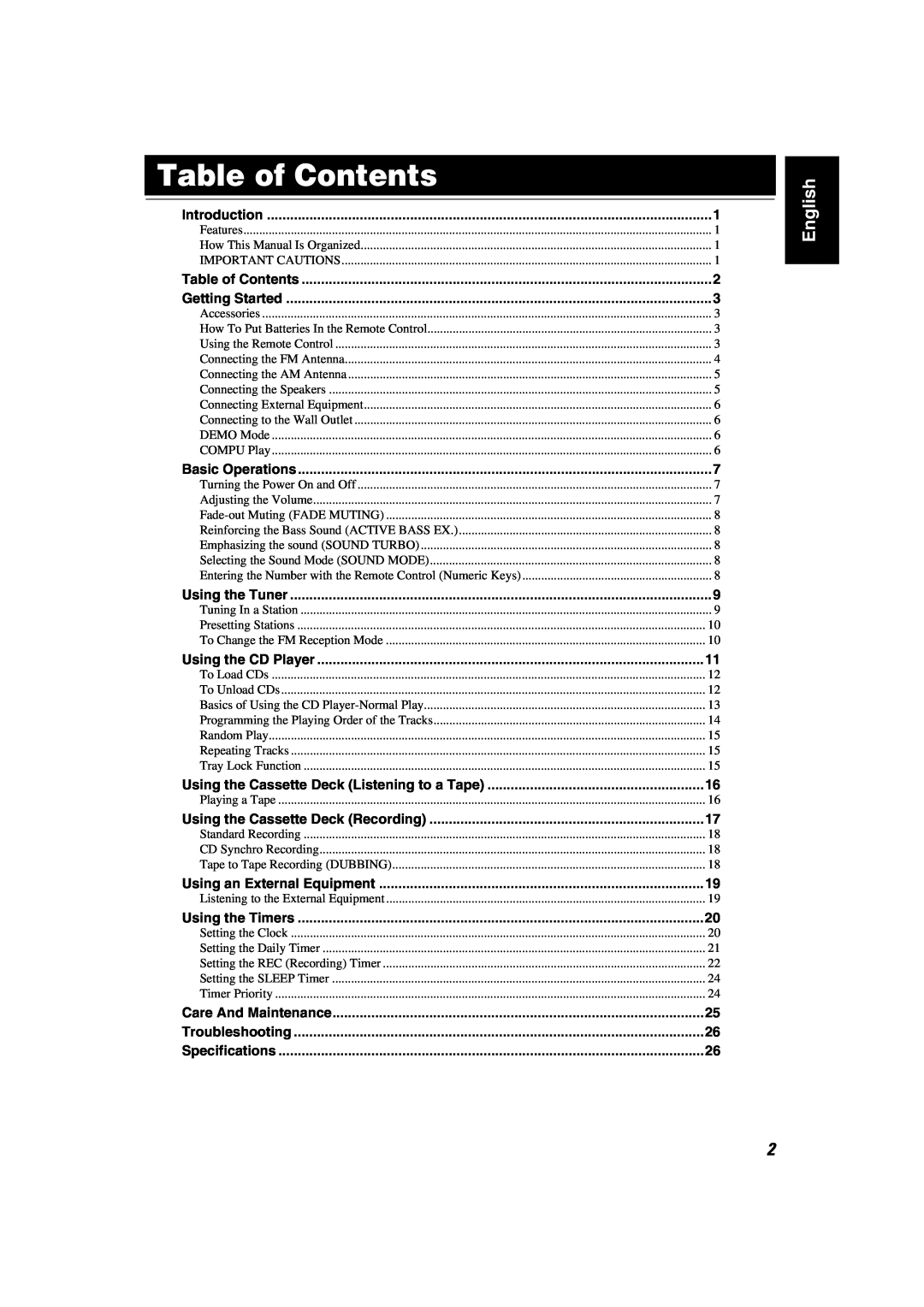 JVC MX-KA7 manual Table of Contents, English 