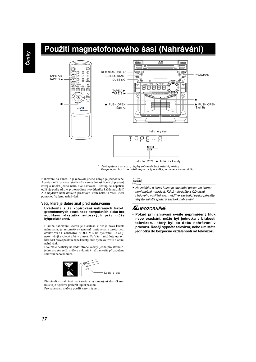 JVC MX-KB11, MX-KB22 manual Použití magnetofonového šasi Nahrávání, Věci, které je dobré znát před nahráváním 