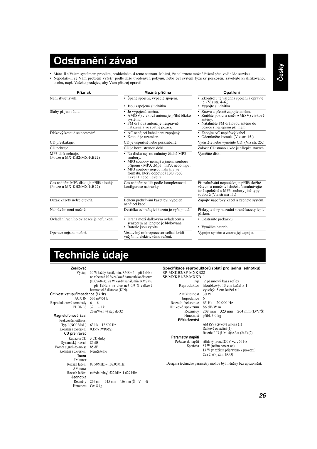 JVC MX-KB22, MX-KB11 manual Odstranění závad, Techniclé údaje 