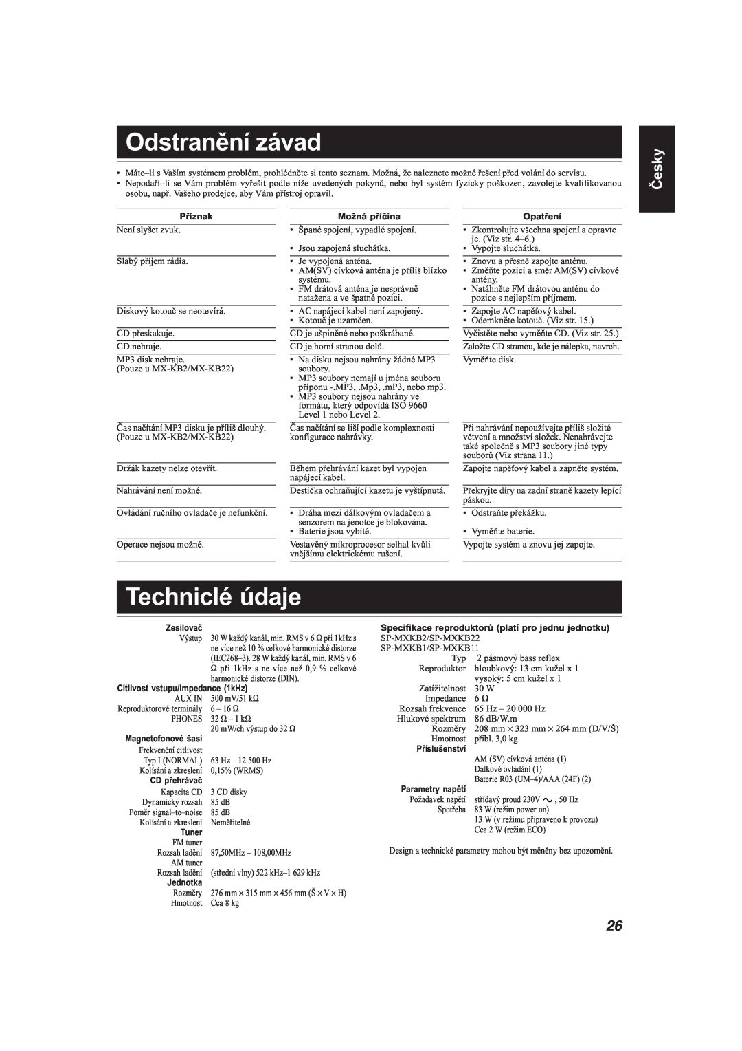 JVC MX-KB22, MX-KB11 manual Odstranění závad, Techniclé údaje, Česky 