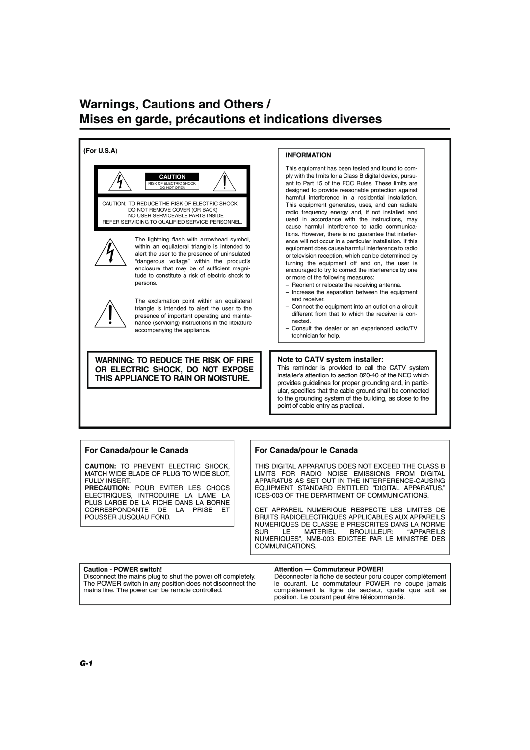 JVC MX-KB30 manual For Canada/pour le Canada, Warnings, Cautions and Others, Note to CATV system installer, For U.S.A 