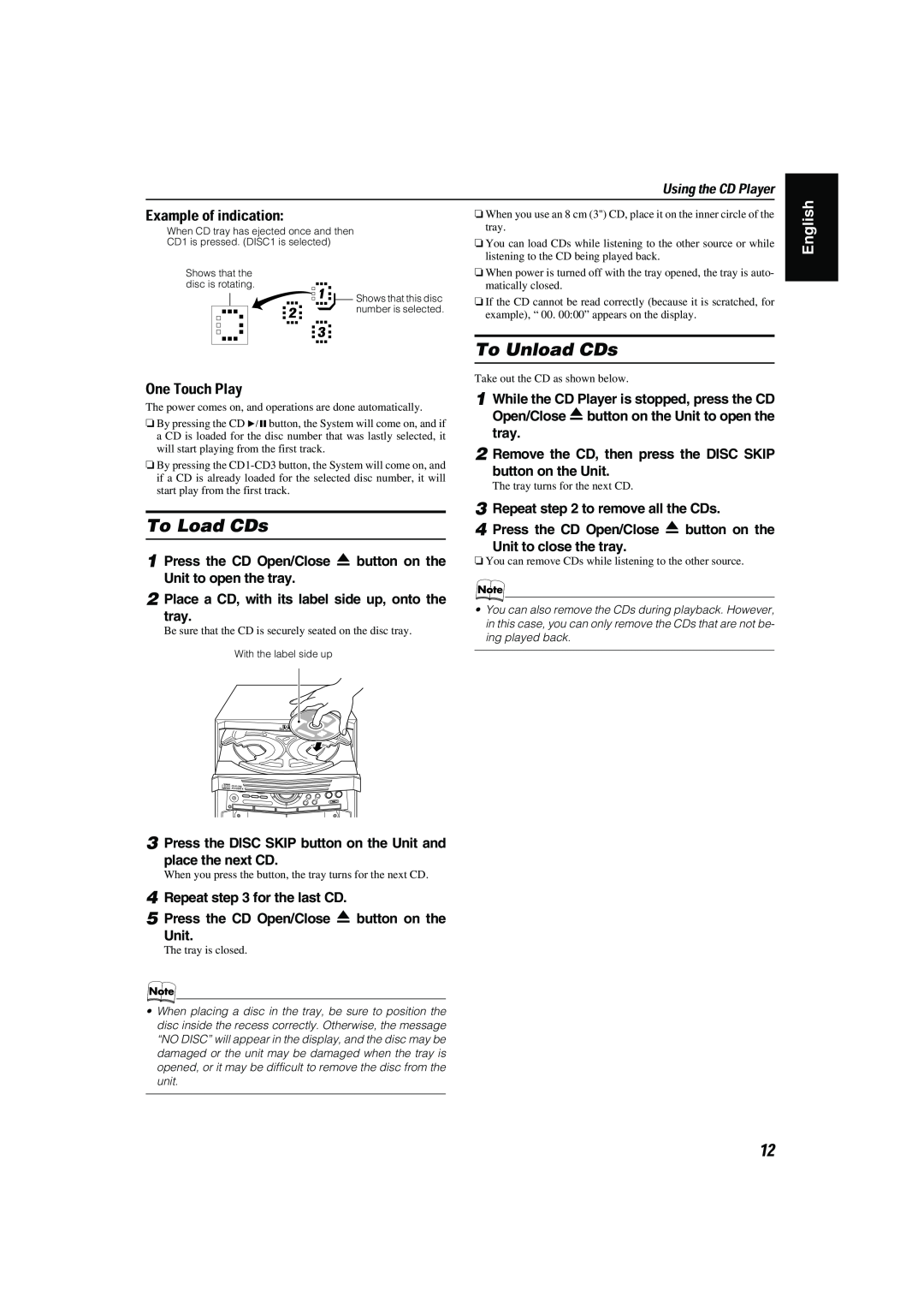 JVC MX-KB30 manual To Load CDs, To Unload CDs, Example of indication, English, One Touch Play, Unit to open the tray 