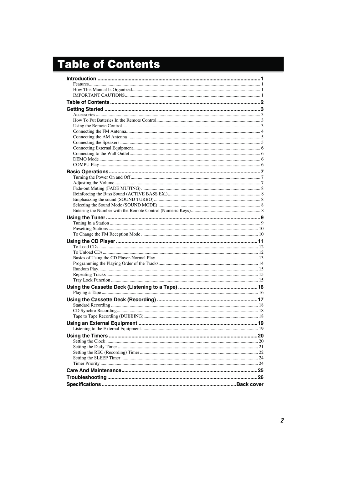 JVC MX-KB30 manual Table of Contents, Specifications 