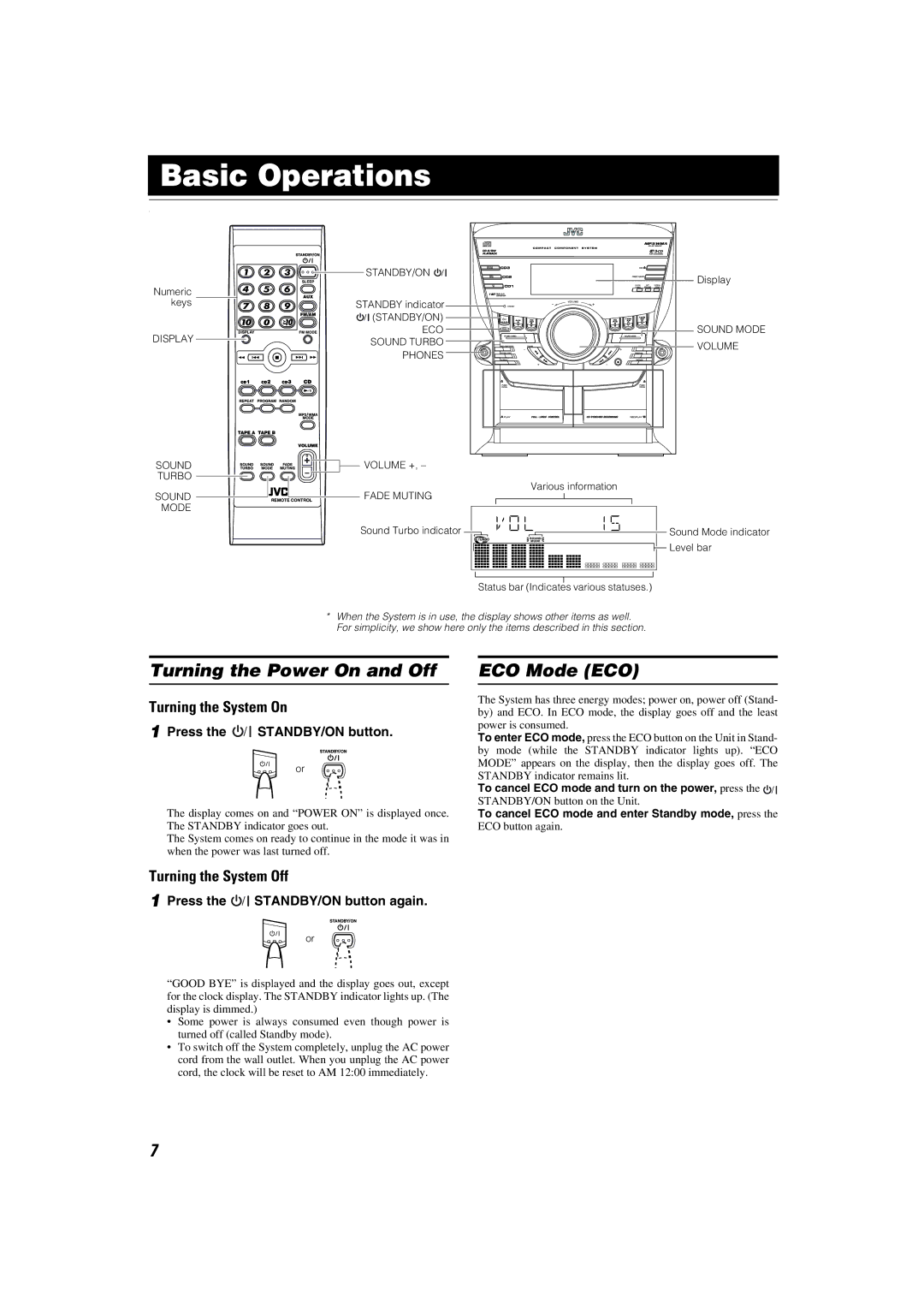 JVC MX-KC45 Basic Operations, Turning the Power On and Off, ECO Mode ECO, Turning the System On, Turning the System Off 