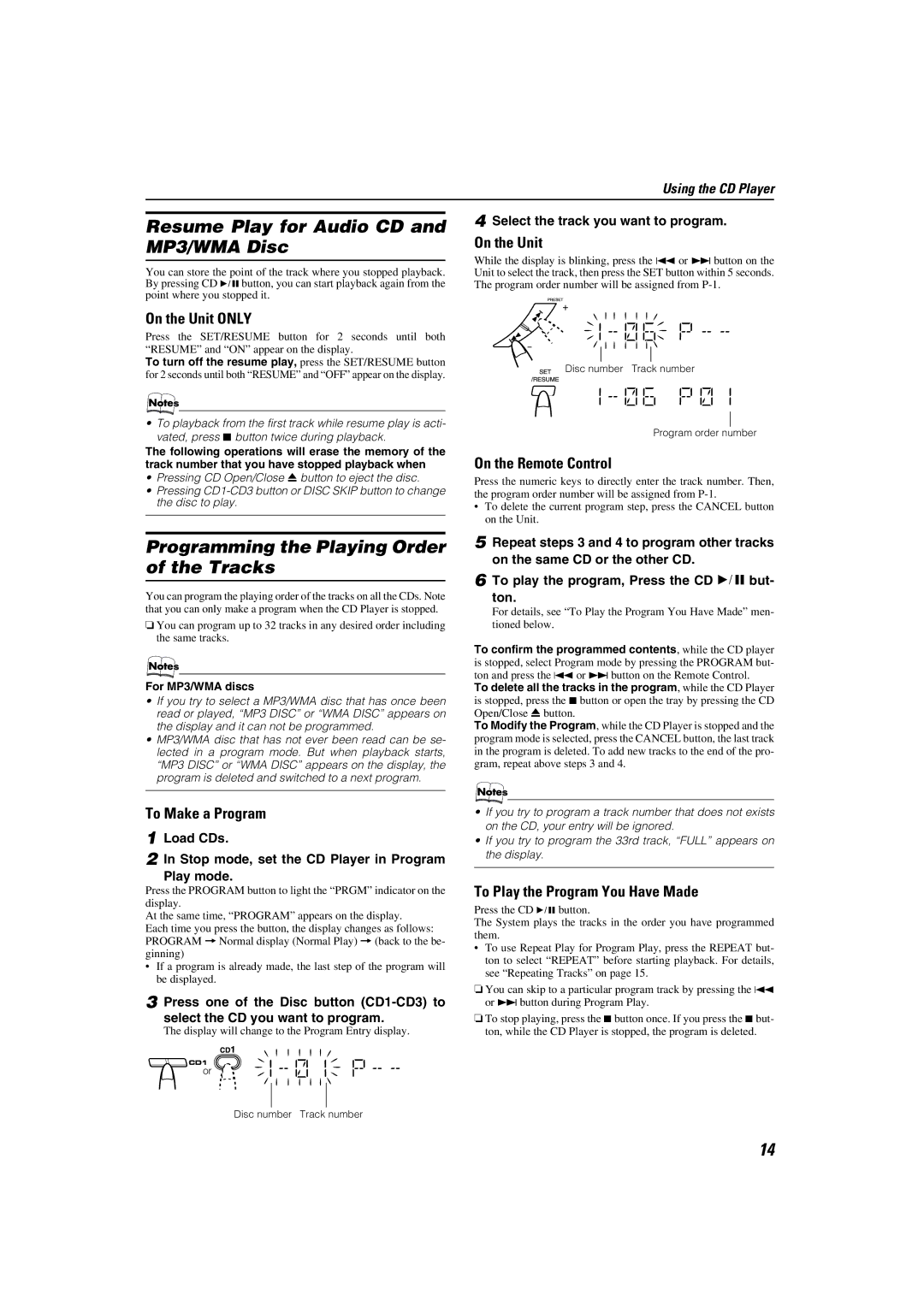 JVC MX-KC45 manual Resume Play for Audio CD and MP3/WMA Disc, Programming the Playing Order of the Tracks, On the Unit only 