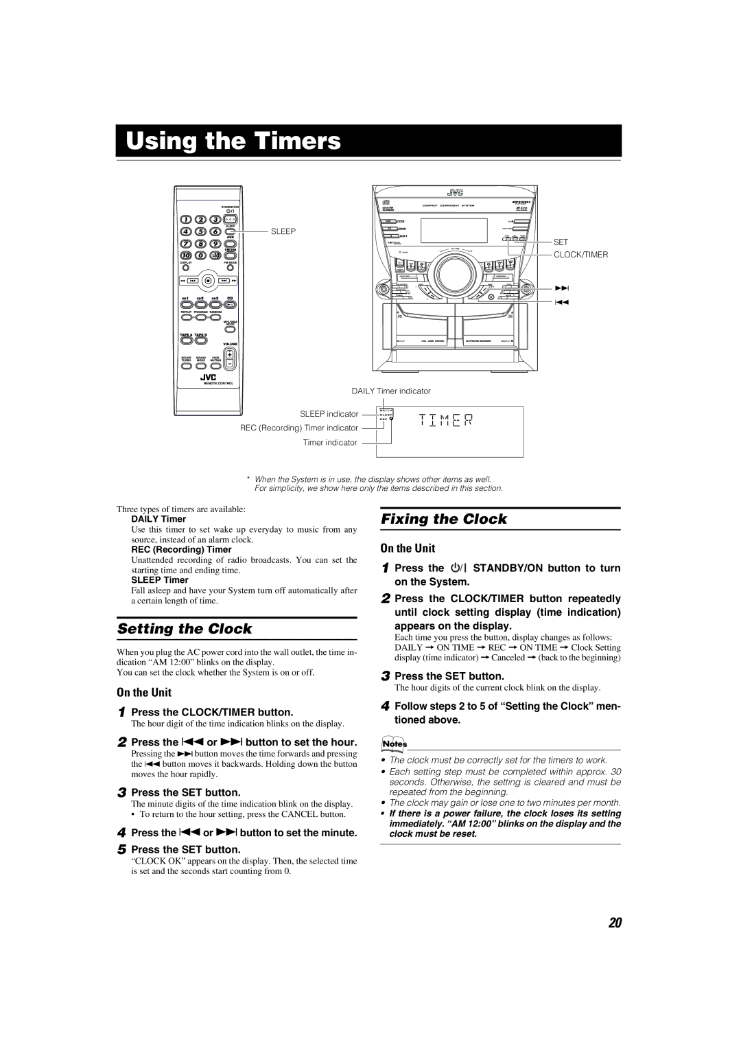 JVC MX-KC45 manual Using the Timers, Setting the Clock, Fixing the Clock, Press the CLOCK/TIMER button 