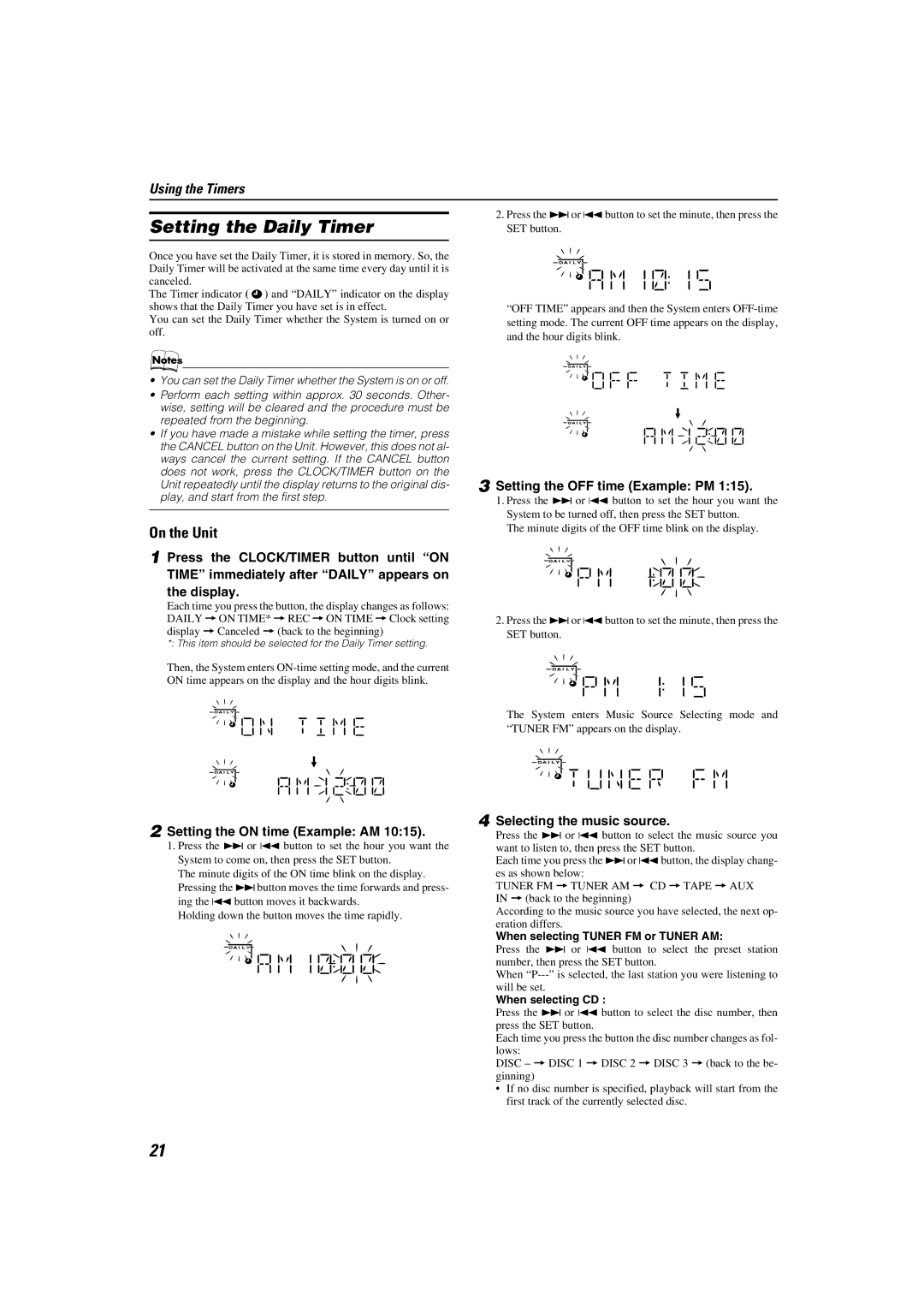 JVC MX-KC45 manual Setting the Daily Timer, Setting the OFF time Example PM, Setting the on time Example AM 