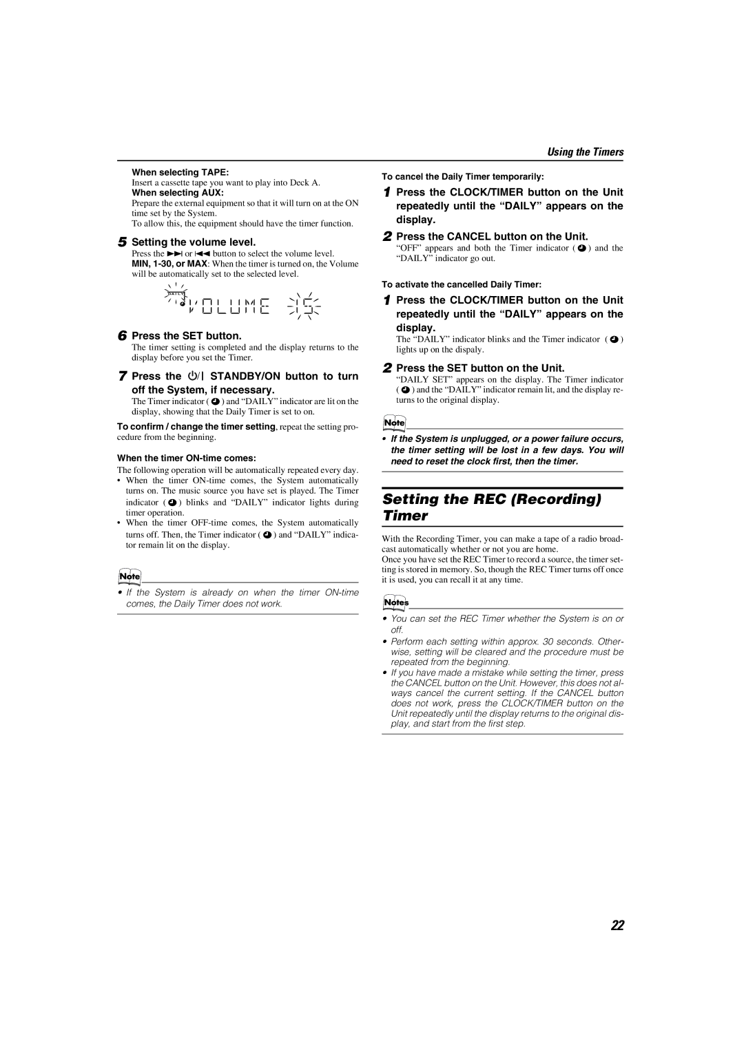 JVC MX-KC45 manual Setting the REC Recording Timer, Setting the volume level, Press the SET button on the Unit 