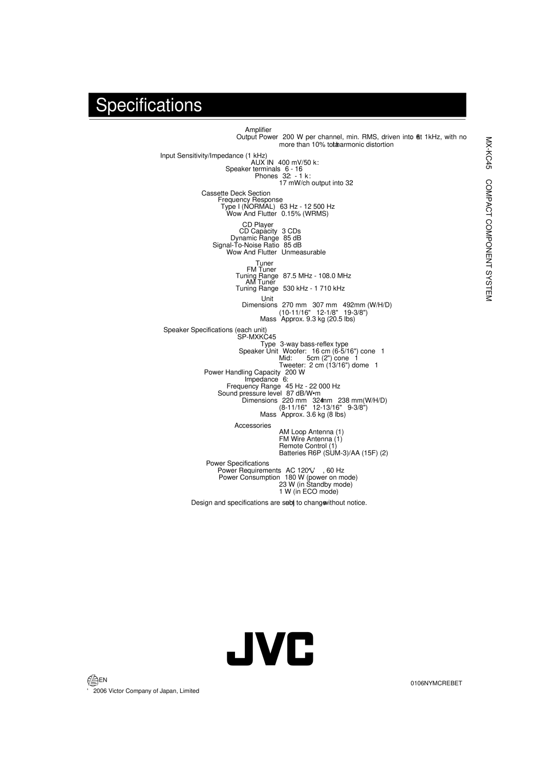 JVC MX-KC45 manual Specifications 