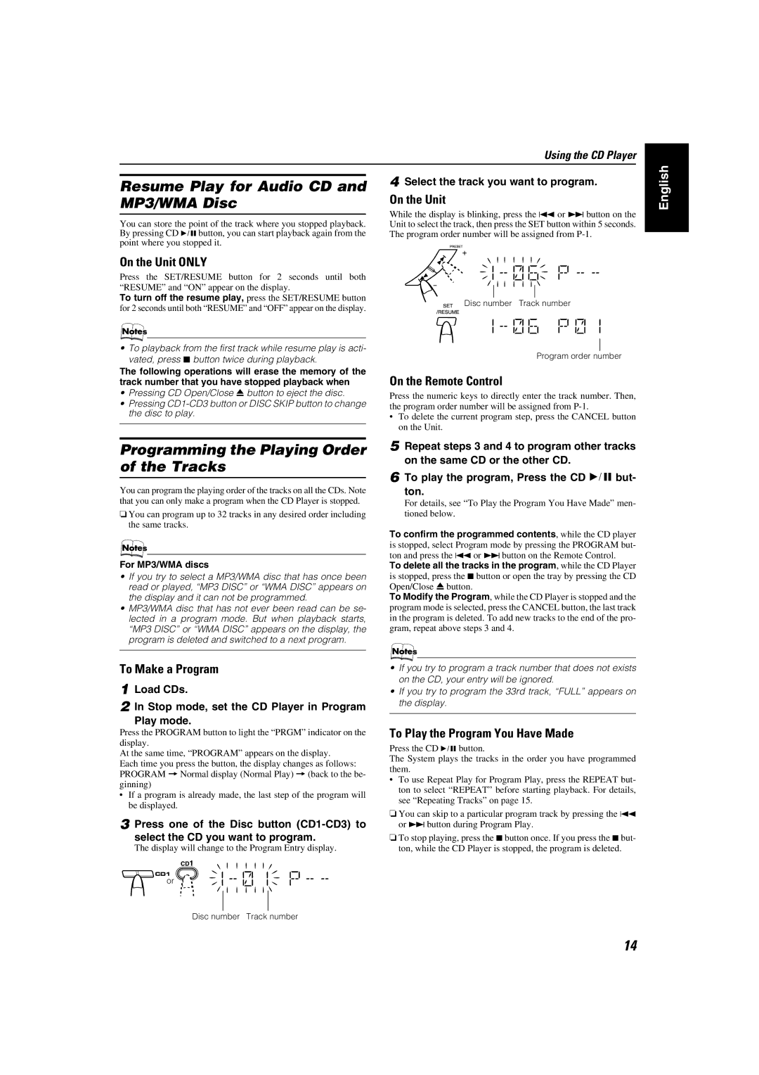 JVC MX-KC45 manual Resume Play for Audio CD, MP3/WMA Disc 