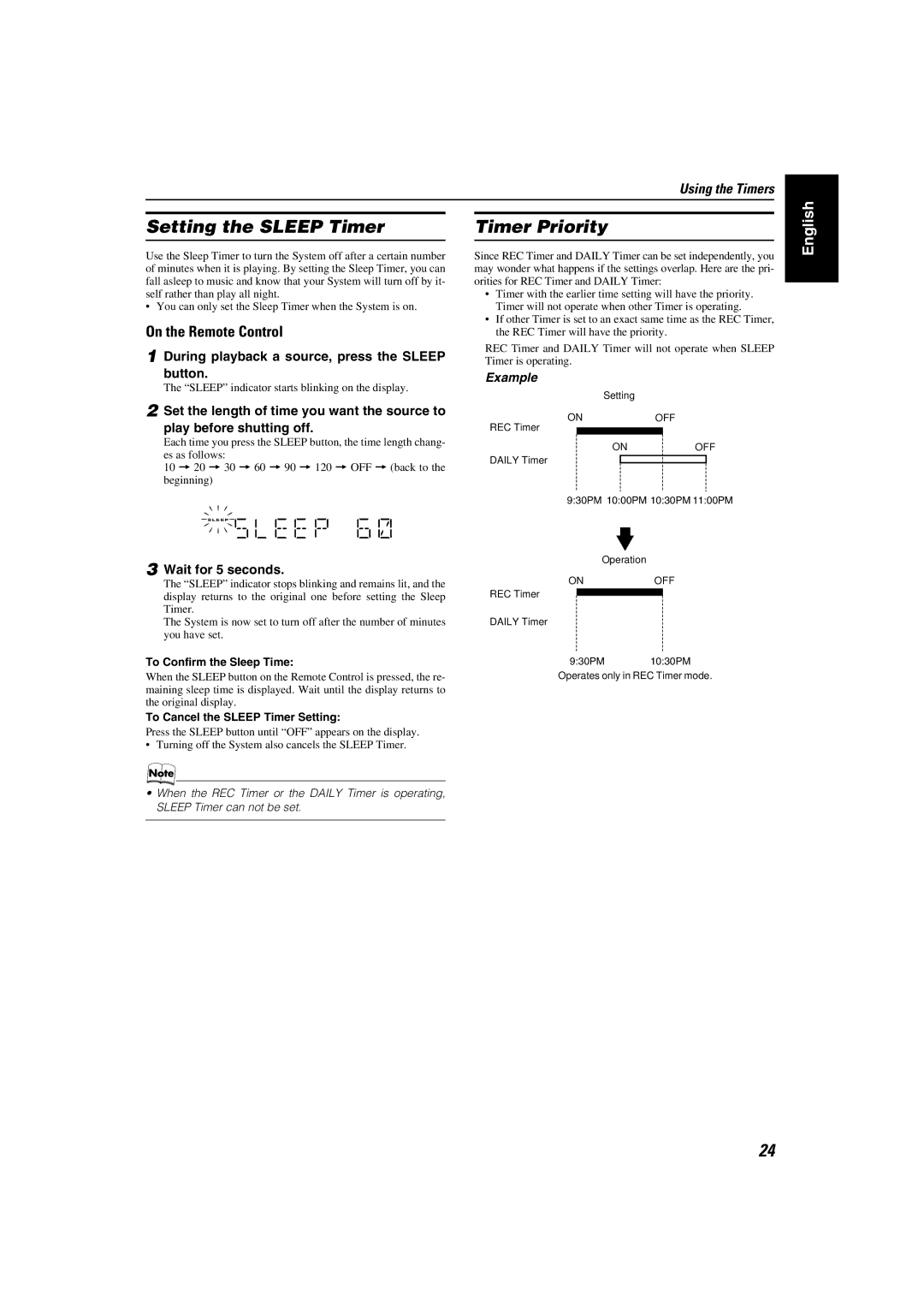 JVC MX-KC45 manual Setting the Sleep Timer 