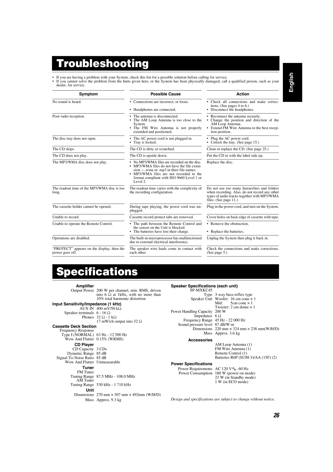 JVC MX-KC45 manual Dimensions 270 mm × 307 mm × 492mm W/H/D Mass Approx .3 kg 