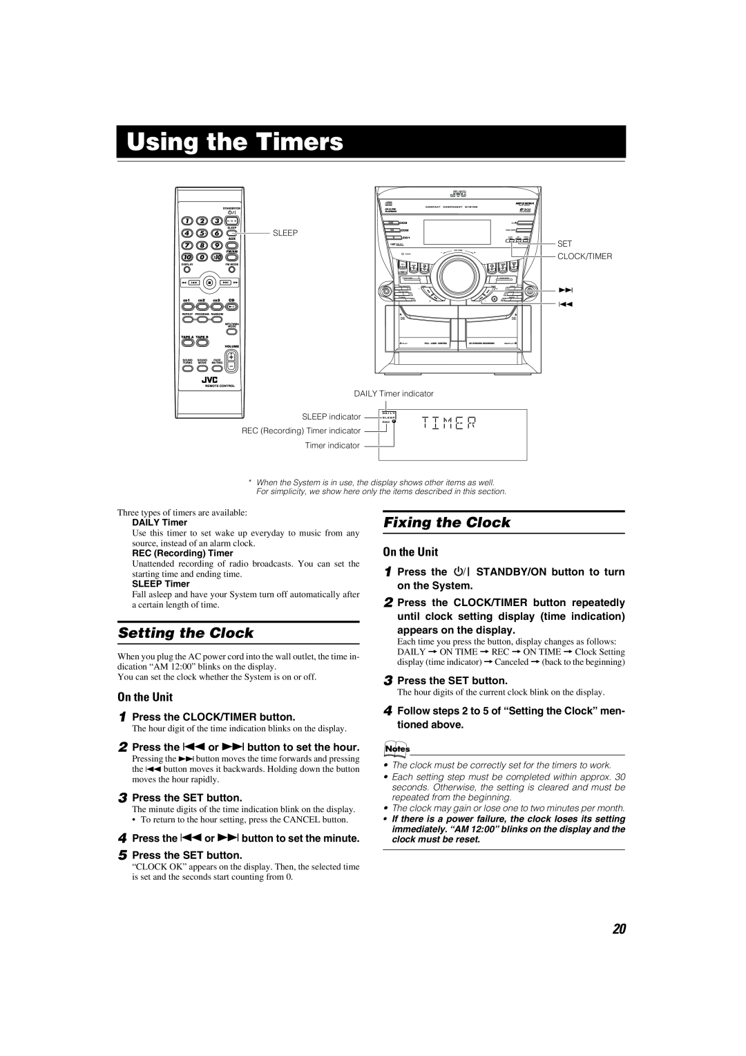 JVC MX-KC45 manual Using the Timers, Setting the Clock, Fixing the Clock, On the Unit, Press the CLOCK/TIMER button 