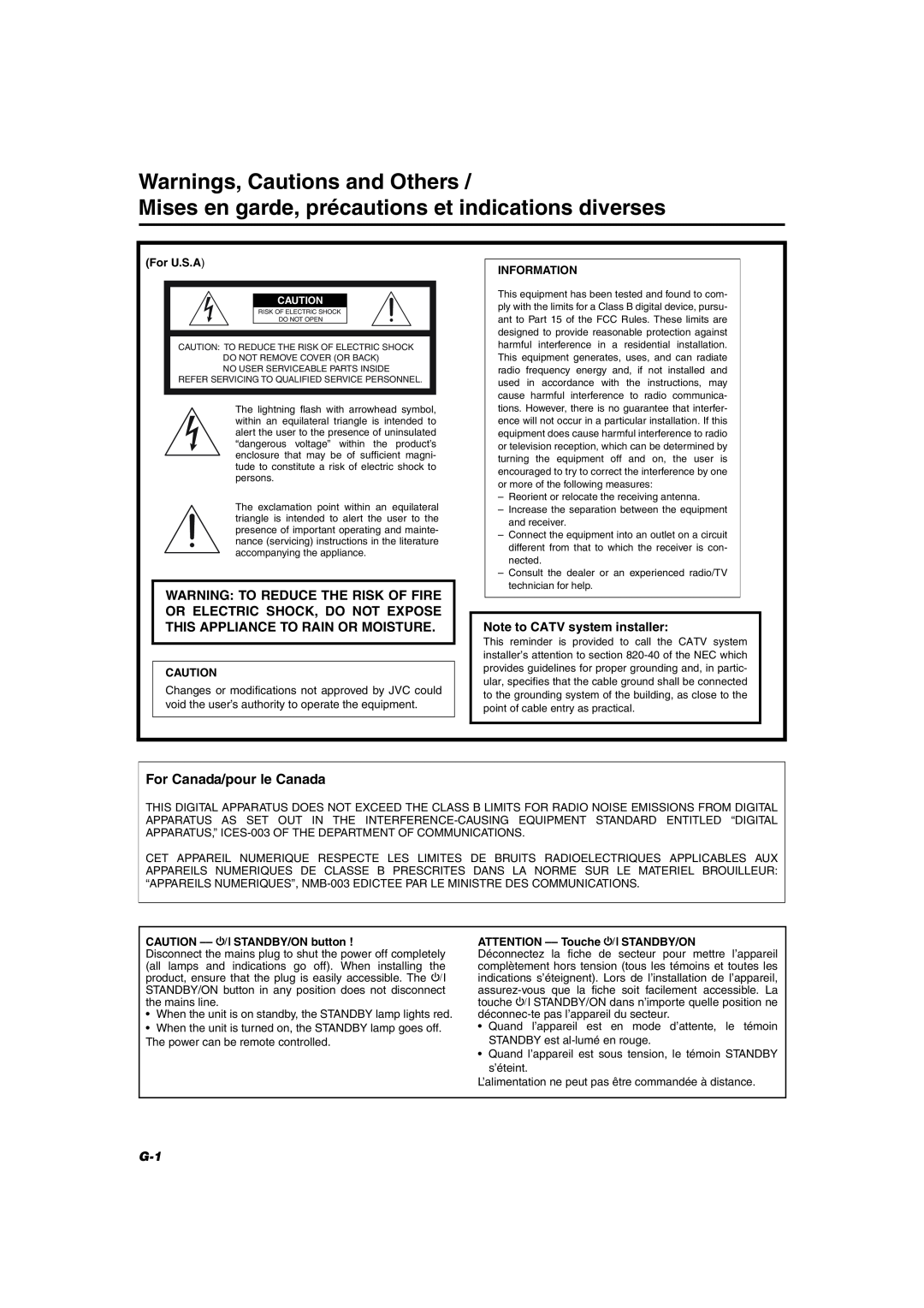JVC MX-KC45 manual Warnings, Cautions and Others, Note to CATV system installer, For U.S.A, Information 