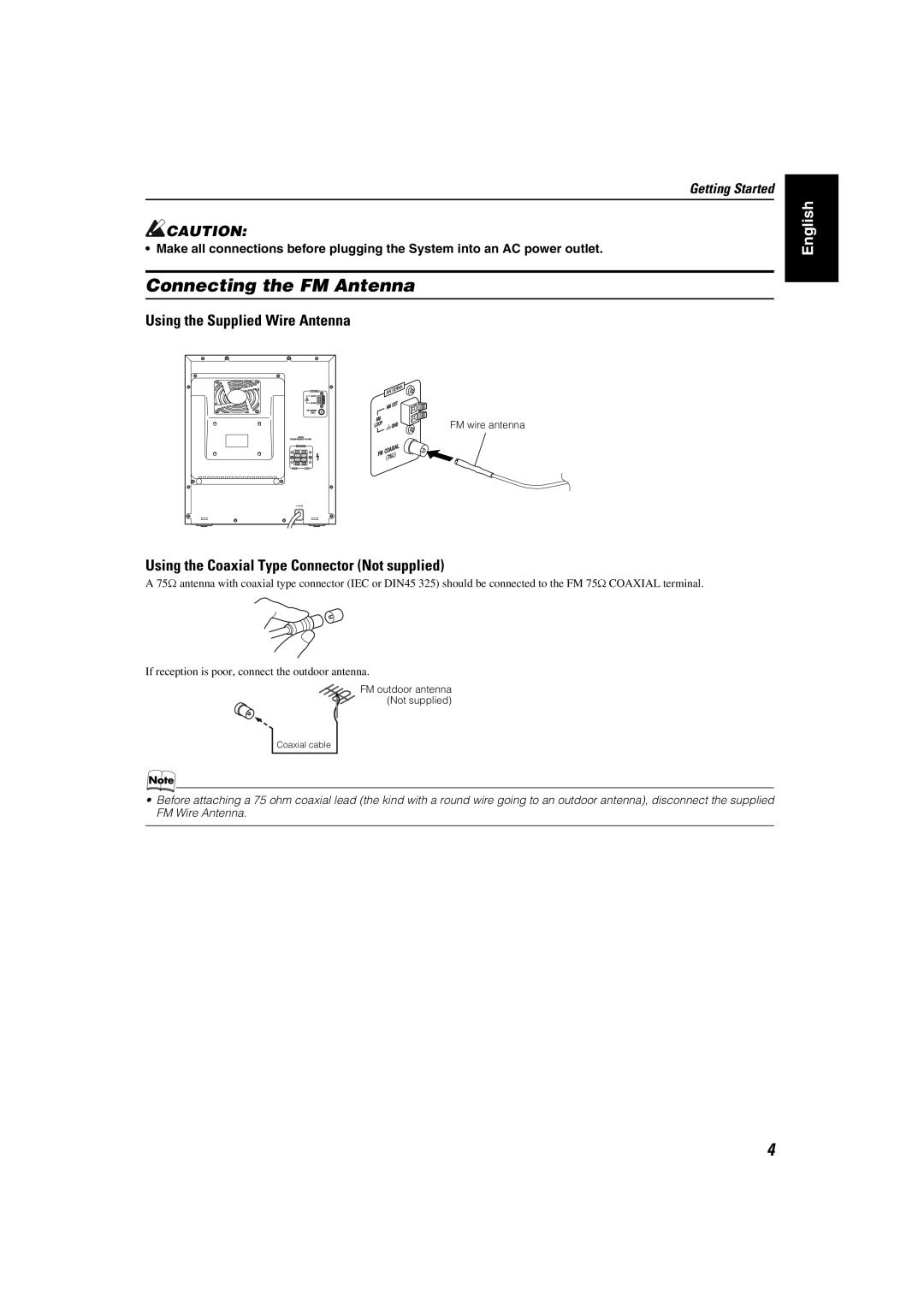 JVC MX-KC45 manual Connecting the FM Antenna, Using the Supplied Wire Antenna, English, Getting Started 