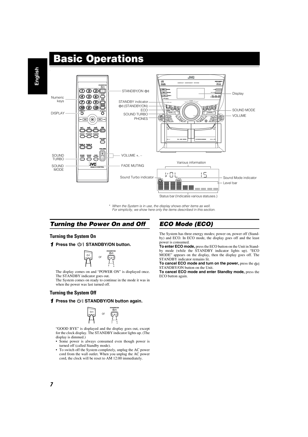 JVC MX-KC45 manual Basic Operations, Turning the Power On and Off, ECO Mode ECO, English, Turning the System On 